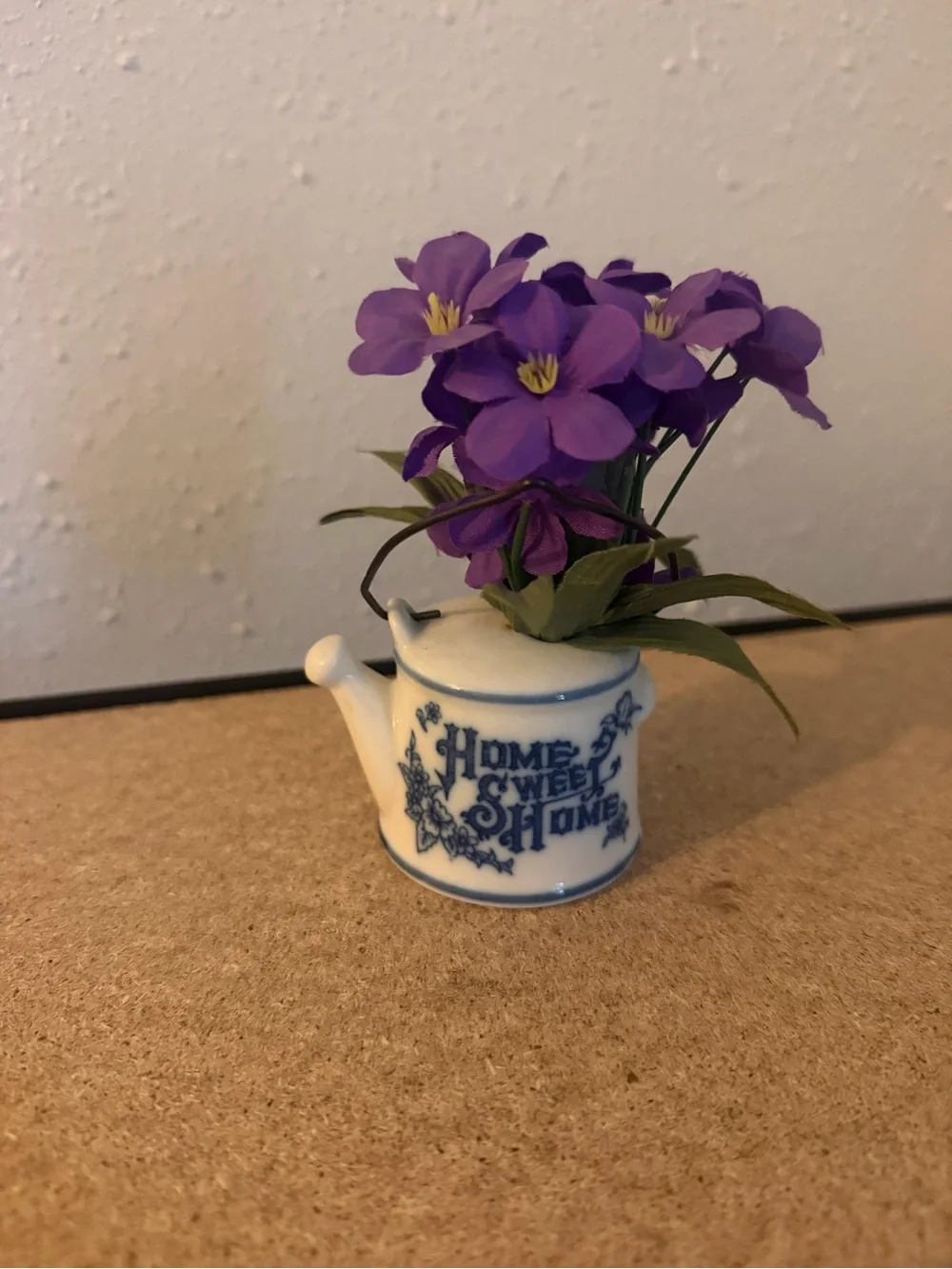 Home Sweet Home Blue & White Ceramic Teapot Accent vintage Cottagecore